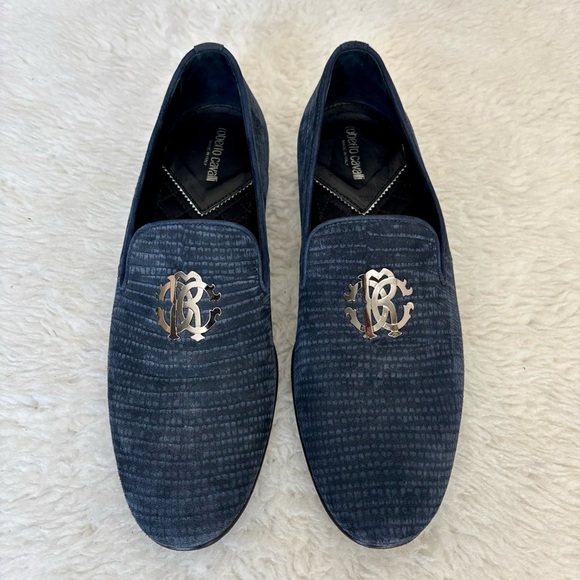 Roberto Cavalli Textured Navy Silver Logo Slip On Men’sshoes size 41 US 8